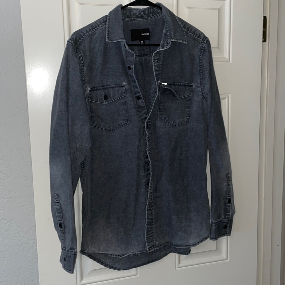 Hurley Button Up Black Denim distressed long sleeve size M